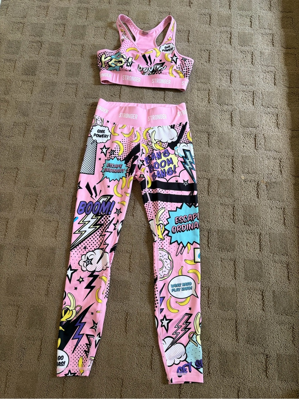 Girls' Pink Comic-Print Leggings & Sports Bra Set
